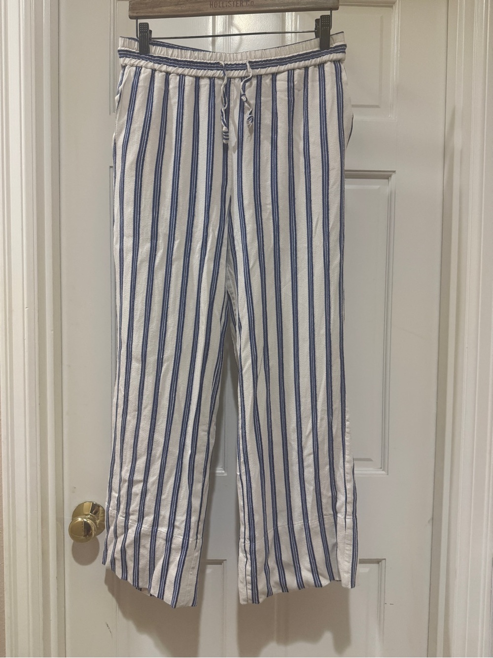 Striped Wide-Leg Drawstring Pants - White & Blue